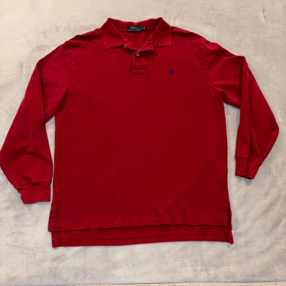 Polo Ralph Lauren Mens Long Sleeve Polo Shirt Red Pique Blue Pony Logo Large